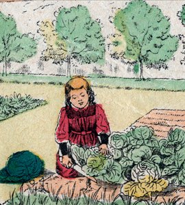 Creencia francesa: Una niña pequeña, creyendo que los bebés nacen en coles o rosas, corta los brotes de un huerto - Imagen de Epinal - siglo XIX (grabado)