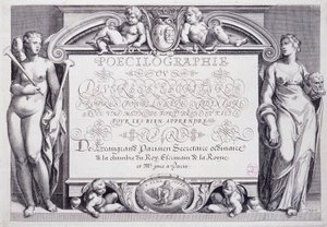 Caligrafía francesa: Poecilografía, frontispicio, por Baptiste de Beaugrand en 1606 de French School