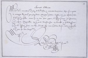 Caligrafía francesa: Tecnografía, “ejemplo de minuta” por Guillaume Le Gangneur alrededor de 1599. Biblioteca histórica de la ciudad de París de French School