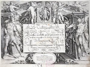 Caligrafía francesa: Tecnografía, frontispicio por Guillaume Le Gangneur alrededor de 1599. Biblioteca histórica de la ciudad de París de French School