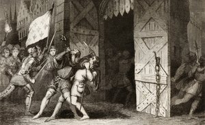 Caballeros franceses atacan una ciudad controlada por los ingleses durante la Guerra de los 100 Años, de 