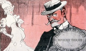 Policía francesa vigilando a una prostituta antes de arrestarla. Francia del siglo XIX. Ilustración francesa 1890 de French School