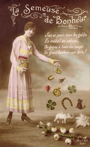 Tarjeta postal francesa que representa La Semeuse de Bonheur (La sembradora de buena suerte), 29 de marzo de 1914