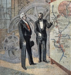 El presidente francés Millerand y el ingeniero que proyecta la construcción de centrales hidroeléctricas en el río Ródano Ilustración de "Le pelerin" de abril de 1921 de French School