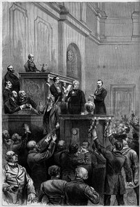 Elección presidencial francesa, 30 de enero de 1879: tras la renuncia de Mac Mahon, los parlamentarios votaron para elegir un nuevo presidente de la República. El grabado representa a Jules Armand Dufaure (1798-1881) depositando su voto de French School