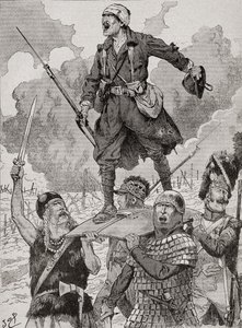 Cartel de propaganda francesa titulado "On Les Aura", o "Los tendremos". Cuatro soldados de diferentes periodos históricos llevan en un escudo a un soldado herido pero desafiante de la Primera Guerra Mundial. De la Agenda Buvard du Bon Marche publicada en 