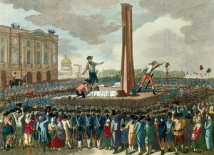 Revolución francesa: ejecución en la guillotina del rey Luis XVI (1754-1793), el verdugo presenta su cabeza cortada. Grabado según dibujo de Fious. Siglo XVIII. París, Museo Carnavalet