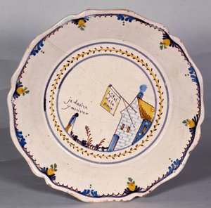 Revolución francesa: plato con representación del hotel de la paz “Deseo llegar allí”. Cerámica del siglo XVIII. Nevers, Museo Frédéric Blandin de French School