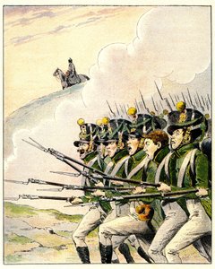 Soldados franceses durante la batalla de Waterloo (litografia en color)