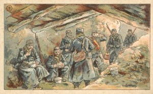 Soldados franceses comiendo en un refugio, Primera Guerra Mundial de French School