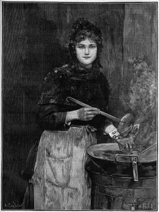 Vendedor de papas fritas; grabado de 1888 del cuadro de Achilles Foald de French School