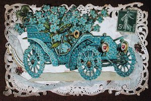 Tarjeta de felicitación de amistad que muestra un coche cubierto de flores, principios del siglo XX de French School
