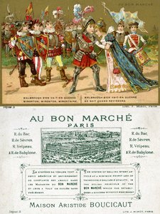 Anverso y reverso de una tarjeta promocional para los grandes almacenes parisinos Au Bon Marché, que representa una de las canciones populares más conocidas en francés, Marlbrough sen va-t-en guerre (Marlborough