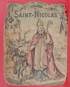 Portada de un álbum de imágenes que representa a San Nicolás trayendo regalos a los niños, finales del siglo XIX de French School