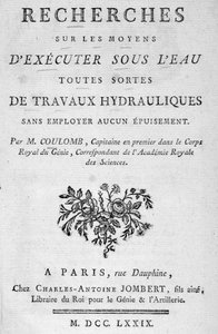 Frontispicio del libro “Investigaciones sobre formas de realizar bajo el agua todo tipo de trabajos hidráulicos” por Coulomb