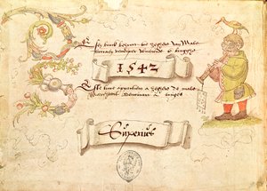 Frontispicio de Recueil de chants religieux et profanes IX que muestra a un hombre con gafas tocando un instrumento de viento con un pájaro en la cabeza, 1542 de French School