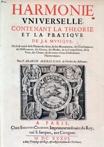 Frontispicio de Harmonie universelle contenant la theorie et la pratique de la musique por Marin Mersenne (Marin Mersennus o le Pere Mersenne) (1588-1648), 1637. de French School