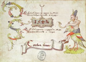 Frontispicio de Recueil de chants religieux et profanes II que muestra a un hombre tocando un instrumento de viento curvado, montando un pájaro, parte de contratenor, 1542 de French School