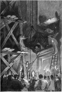 Funeral del Papa Pío IX (Pio) (1792-1878): el entierro del cuerpo en la Basílica de San Pedro en Roma. Grabado en "Le Monde Illustré" n°1093 del 9 de marzo de 1878