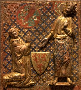 Placa funeraria: Guy de Meyos arrodillado ante San Luis (Luis IX de Francia de French School