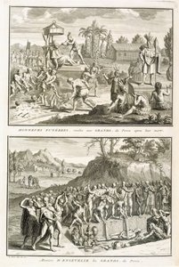 Ritos funerarios y la manera de enterrar a los señores después de su muerte, en Perú, ilustración de Ceremonias y Costumbres Religiosas, grabado por Bernard Picart (1673-1733) 1722 de French School