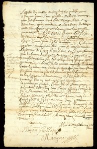 Contrato de comercio de pieles entre Francois Francoeur y cuatro voyageurs para el transporte de mercancías y la compra de pieles de castor en Michilimackinac y Chicago, 1692 de French School