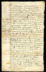 Contrato de comercio de pieles entre Francois Francoeur y cuatro voyageurs para el transporte de mercancías y la compra de pieles de castor en Michilimackinac y Chicago, 1692 de French School