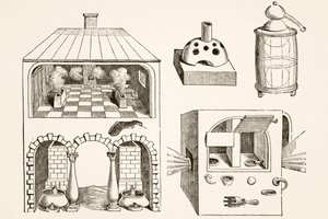 Hornos y diversos aparatos utilizados por químicos y alquimistas en la Edad Media, según un grabado de Vriese, de Science and Literature in The Middle Ages de Paul Lacroix pub. Londres 1878 de French School