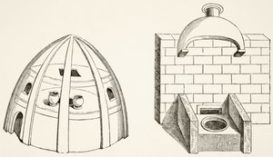 Hornos, como los utilizados por científicos y alquimistas en la Edad Media, de Ciencia y Literatura en la Edad Media por Paul Lacroix (1806-84) publicado en Londres 1878