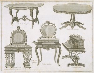 Diseños de muebles por Lefevre-Chauveaux, del Álbum Dessins de Meubles, grabado en blanco y negro de French School
