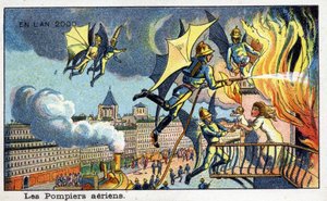 Días futuros: Una visión del siglo XIX del año 2000 - Serie “En el año 2000”: los bomberos aéreos - Cromolitografía de Villemard de French School