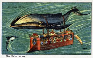 Días futuros: Una visión del siglo XIX del año 2000 - Serie “En el año 2000”: Una ballena (un submarino llevado por una ballena). Cromolitografía de Villemard de French School