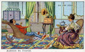 Días futuros: Una visión del siglo XIX del año 2000 - Serie “En el año 2000”: Audición del periódico (radio). Cromolitografía de Villemard de French School