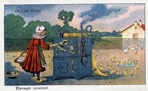 Días futuros: Una visión del siglo XIX del año 2000 - Serie “En el año 2000”: Cría intensiva (el huevo se convierte en pollito al salir de la máquina de cría). Cromolitografía de Villemard de French School
