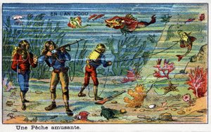 Días futuros: Una visión del siglo XIX del año 2000 - Serie “En el año 2000”: Una pesca divertida (bajo el mar). Cromolitografía de Villemard de French School
