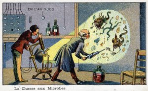 Días futuros: Una visión del siglo XIX del año 2000 - La caza de microbios (2 científicos removiendo microbios agrandados usando una máquina)