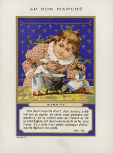 Niña jugando con muñecas y cuenco de mezcla, Marmite