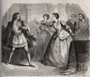 Gabrielle de Vergy disputa con su prometido, Eudes de Fayel, quien está celoso de la amistad que tiene con su primo, Albert de Nozereau. Escena de una leyenda del siglo XII. Grabado de 1871 en “Histoire Des Cocus Celebres” por Henry de Kock (1819-1892). de French School