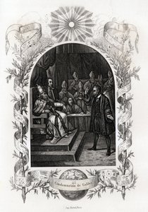 Galileo Galilei (1564-1642) ante el Santo Oficio en el Vaticano. El astrónomo fue sentenciado por el Tribunal de la Inquisición en 1632. Grabado para ilustrar Histoire des popes de Maurice Lachatre (1814-1900), librería del progreso, París. de French School