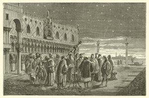 Galileo muestra los satélites de Júpiter a los senadores de Venecia (grabado)