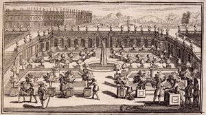 Jardineros trabajando en un jardín de naranjas, de Le Parfait Jardinier, ou Instruction pour les Jardins Fruitiers et Potager, por Jean de la Quintinye, publicado en 1695 de French School