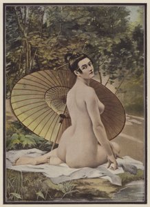 Geisha bañándose (litografia en color) de French School