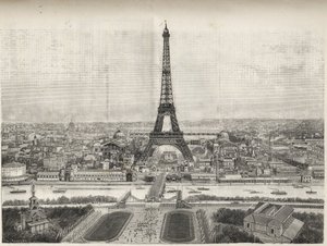 Vista general de la Exposición Universal de París en 1889 con la Torre Eiffel desde Trocadero, grabado - Vista general de la Exposición Universal de París en 1889 con la Torre Eiffel, grabado en Le Monde Illustré de 1889 de French School