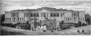Vista general del Palais de Longchamp en Marsella, Bouches du Rhône (13), como fue imaginado por Frédéric Auguste Bartholdi (1834-1904) en 1859. Grabado en 