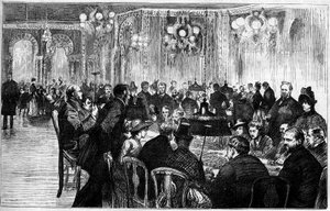 Vista general de la sala de juegos del casino de Monte Carlo. Grabado en "Le Monde Illustré" de French School
