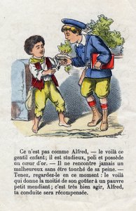 Generosidad. Niño dando la mitad de su merienda a un pequeño mendigo. Alfabeto de niños pequeños. Abecedario con valor moral que contiene ejercicios de lectura. Imágenes de Epinal finales del siglo XIX de French School