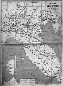 Mapa geográfico de los ducados de Italia Central en 1860. Grabado en "Le Monde Illustré" n°143 del 7 de enero de 1860 de French School
