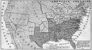 Mapa geográfico de los Estados Unidos de América en marzo de 1861. Los estados esclavistas están representados en la carrera. Escrito en blanco, los nombres de los siete estados confederados que se separaron de la Unión: Texas, Carolina del Sur, Mississipp de French School