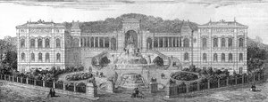Vista geométrica del Palais de Longchamp en Marsella, Bouches du Rhône (13), construido en 1862 por Henri Jacques Espérandieu (1829-1874). Grabado en 