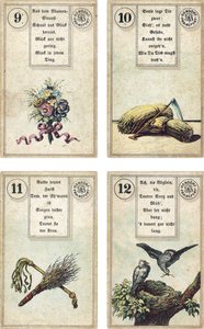 Edición alemana del mazo de cartomancia francés Lenormand: Las Flores, La Guadaña, La Vara de Abedul, El Látigo, Los Pájaros, publicado por Dondorf, Frankfurt, siglo XIX de French School